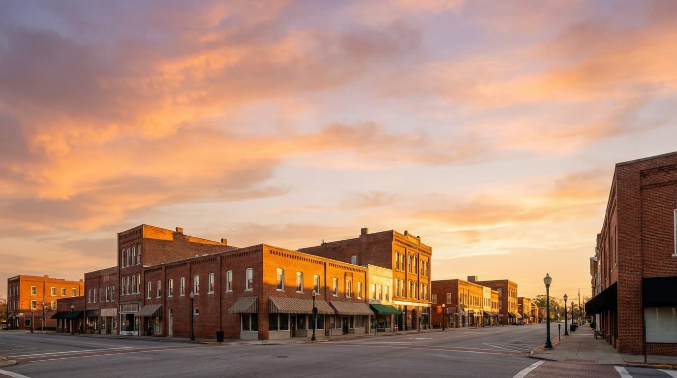 Historic brick main street at sunset