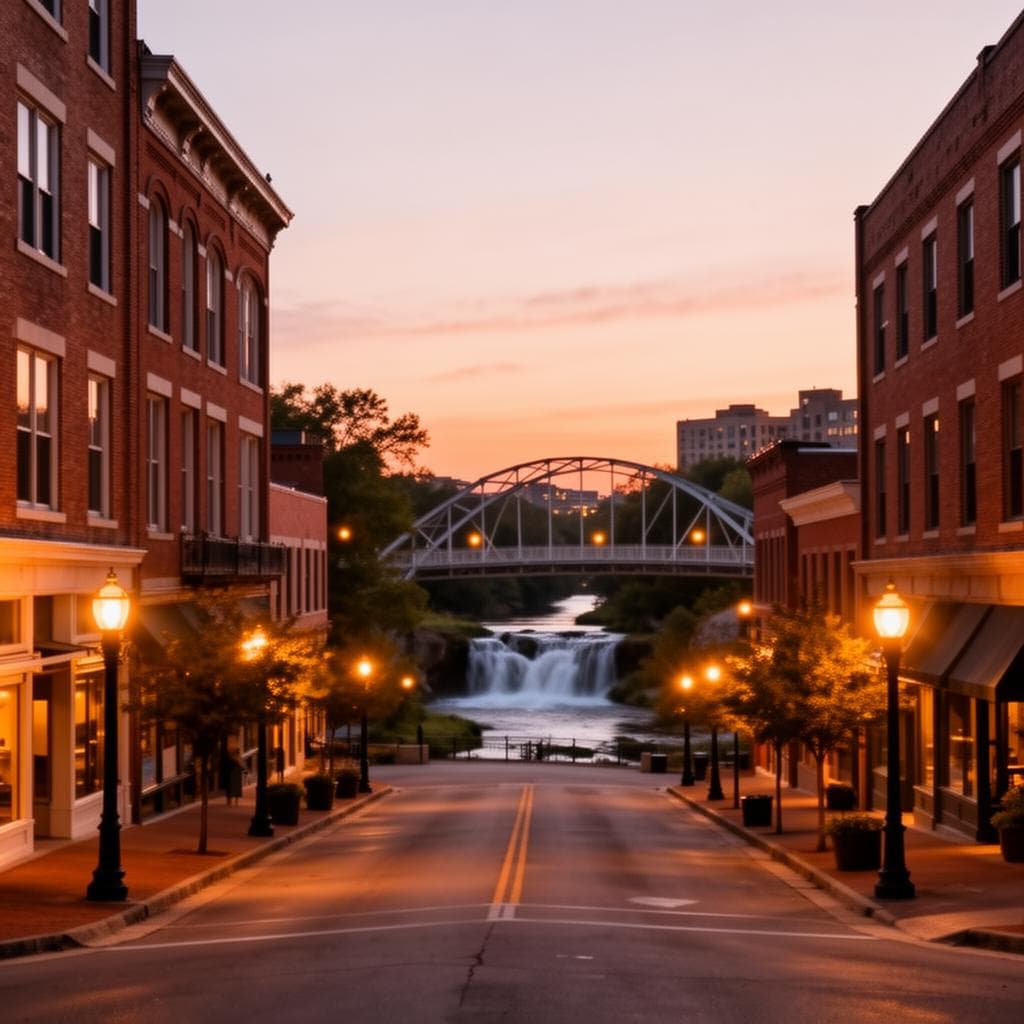 Downtown Greenville at dusk with the falls and Liberty Bridge