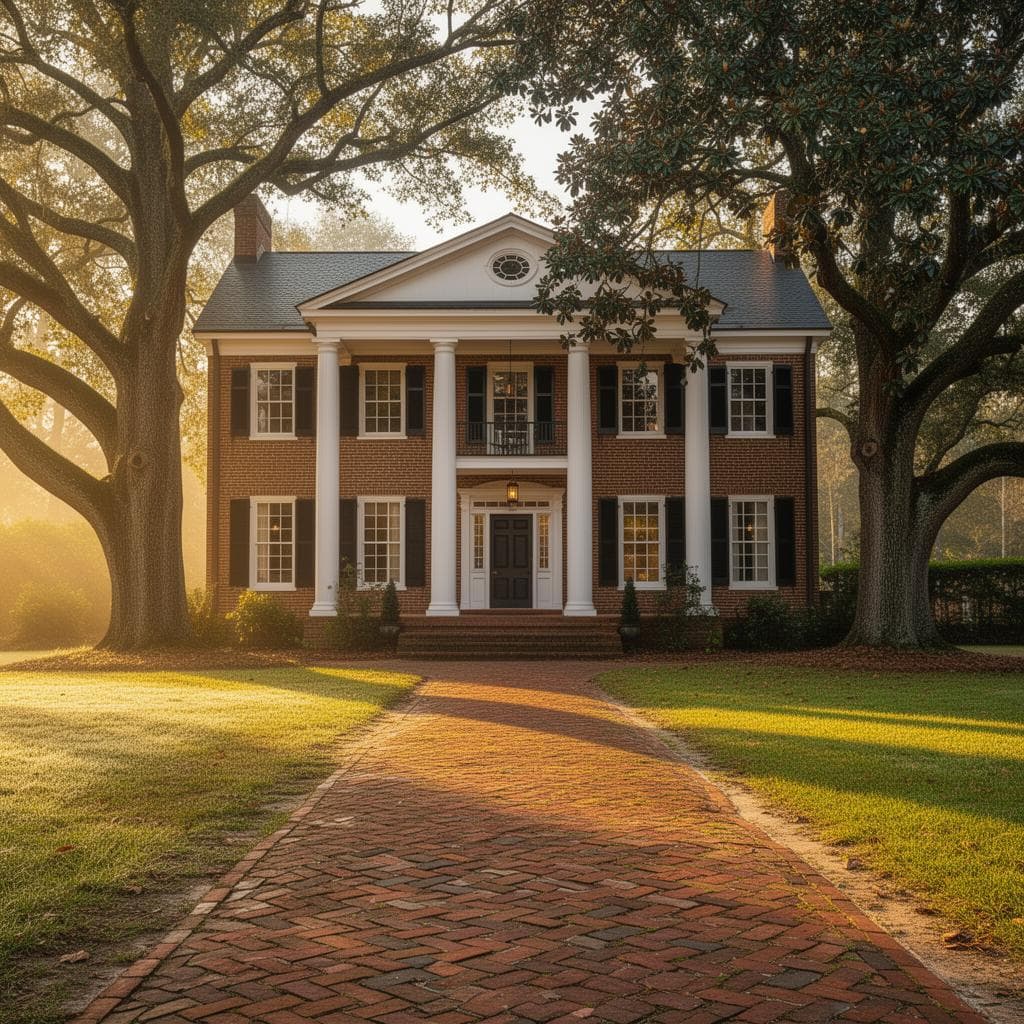 Brick colonial home at golden hour behind old oaks