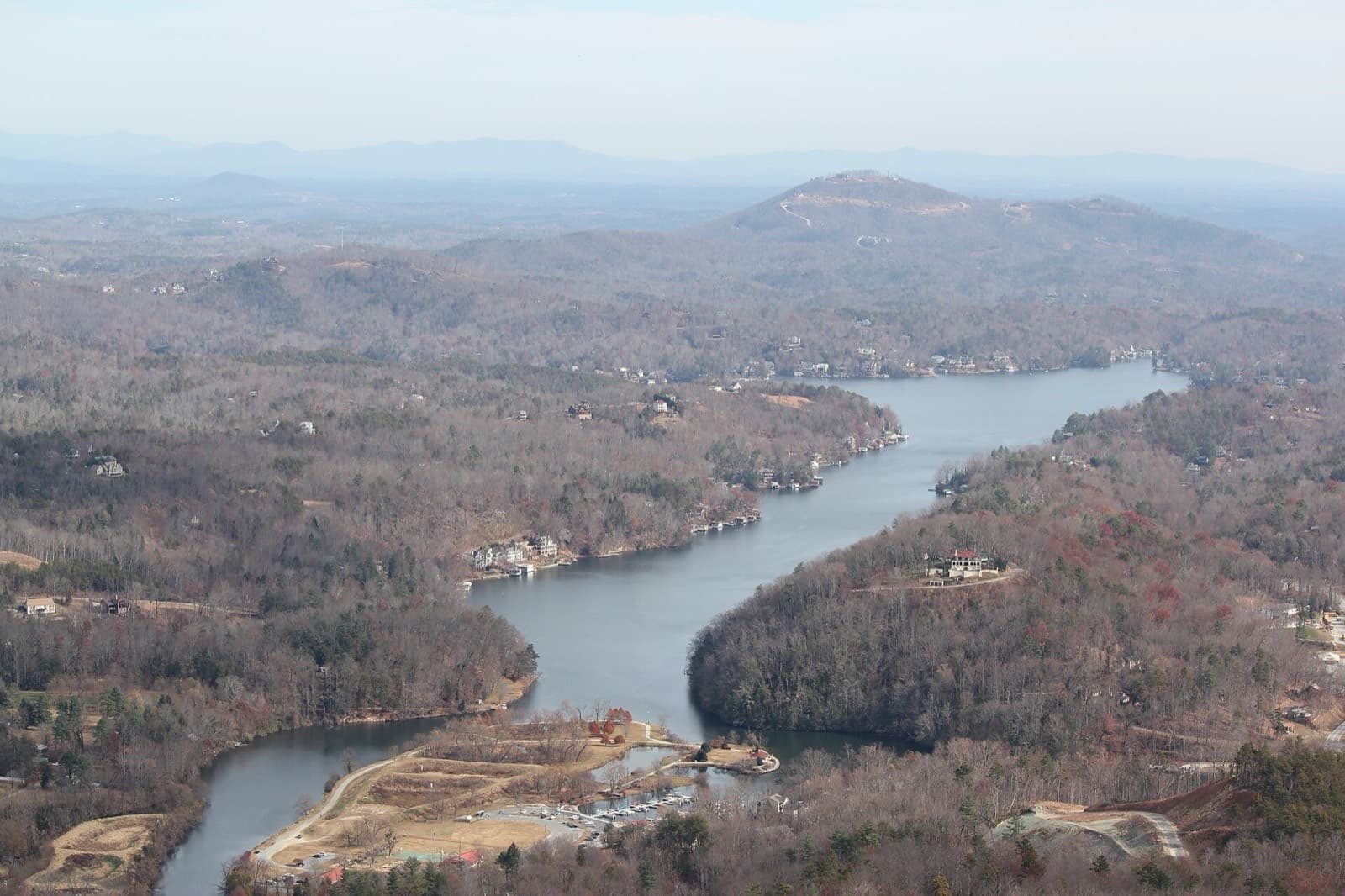 Lake Lure winding through the Blue Ridge foothills, seen from Chimney Rock