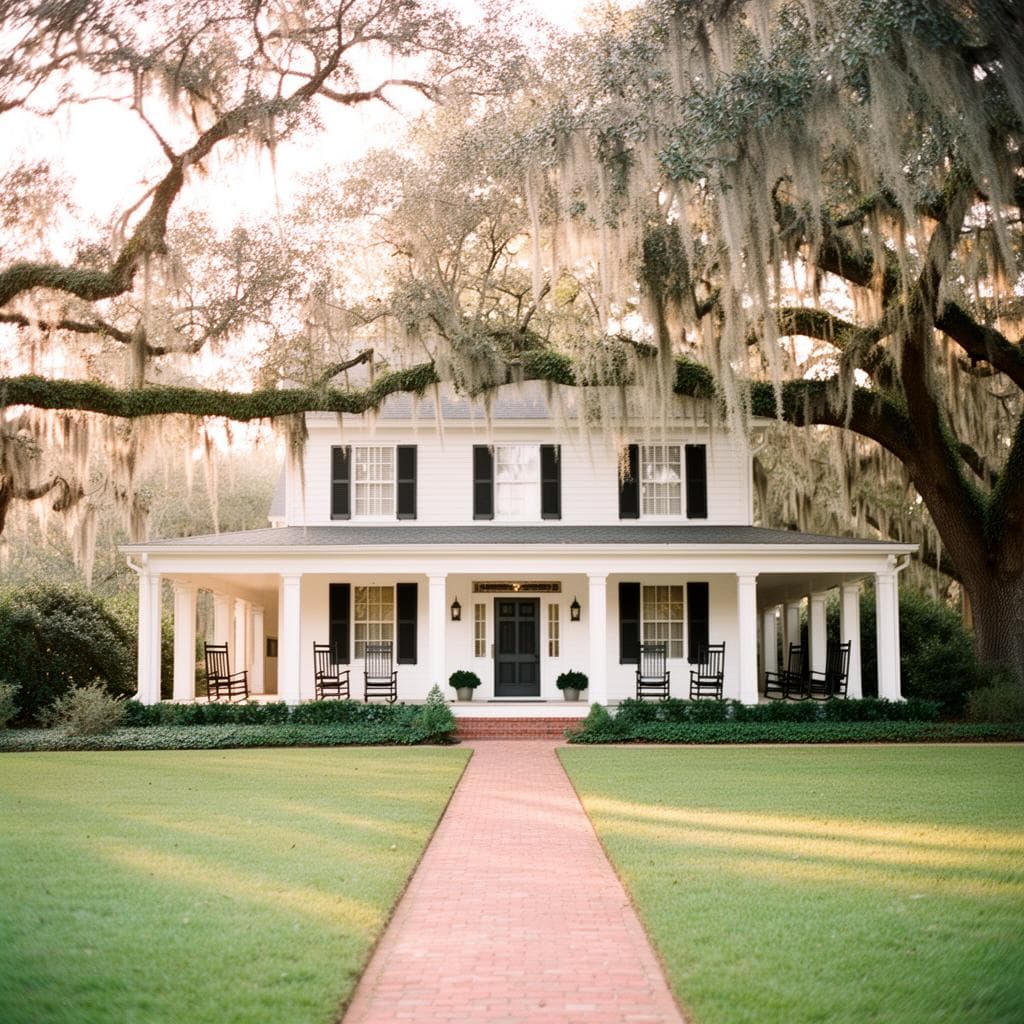 Stately white farmhouse with a wraparound porch under old trees